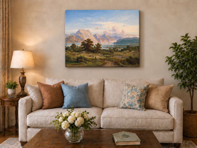 Peinture à l'huile de paysage - Lac de montagne, sommets, structure et