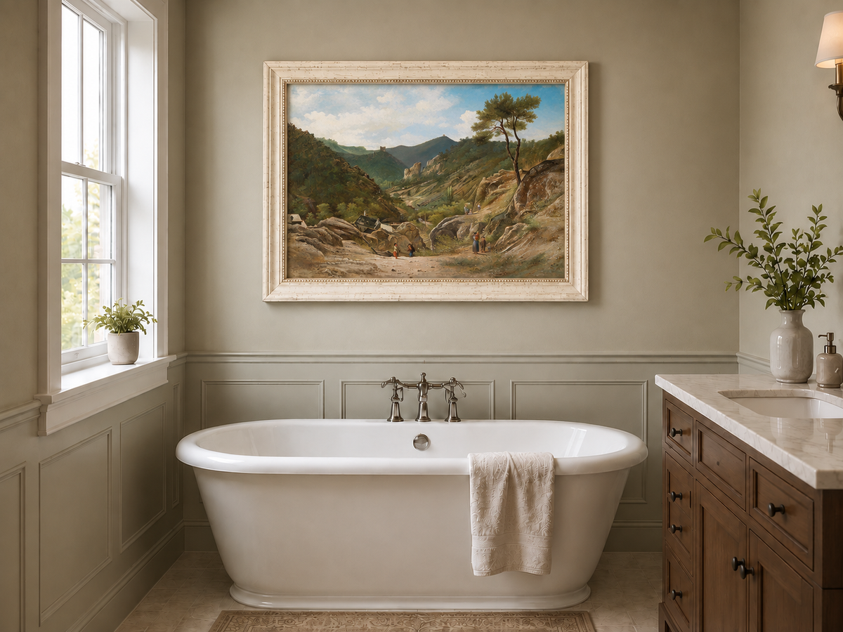 Landscape Oil Painting - Mountain Valley, Rocks, Cottages
