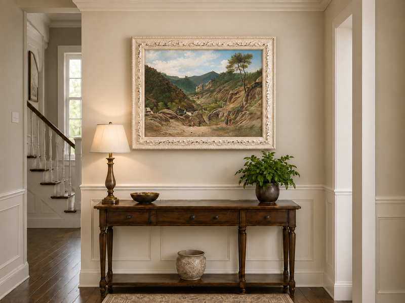 Landscape Oil Painting - Mountain Valley, Rocks, Cottages