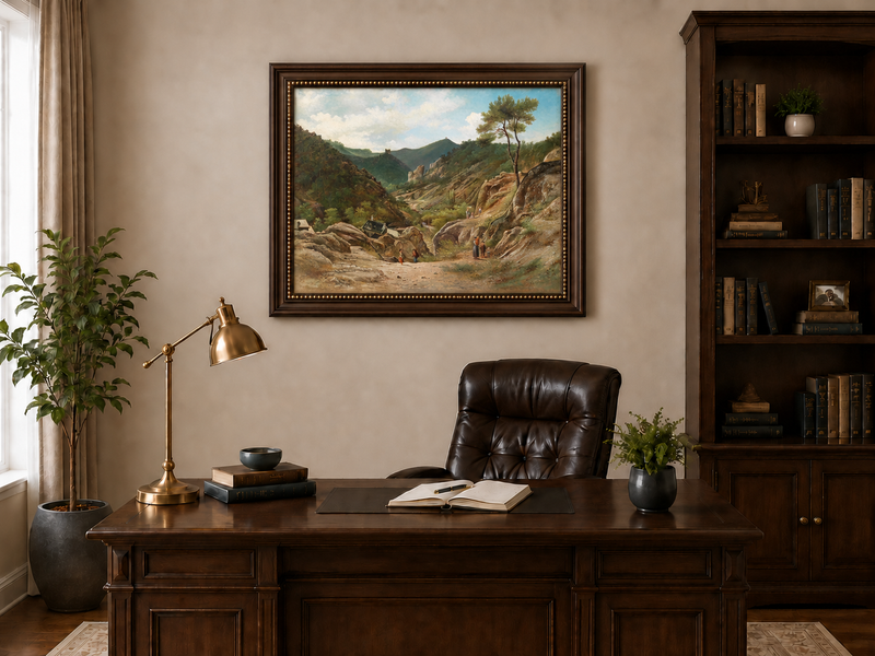Landscape Oil Painting - Mountain Valley, Rocks, Cottages