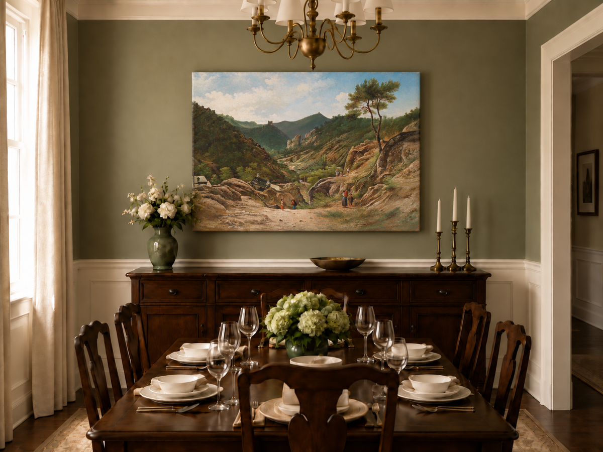 Landscape Oil Painting - Mountain Valley, Rocks, Cottages