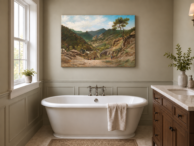 Landscape Oil Painting - Mountain Valley, Rocks, Cottages