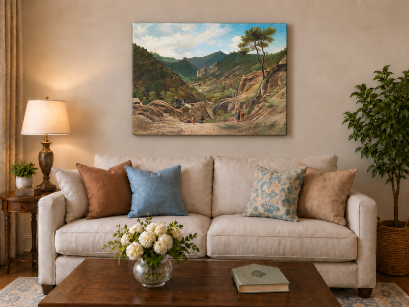 Landscape Oil Painting - Mountain Valley, Rocks, Cottages