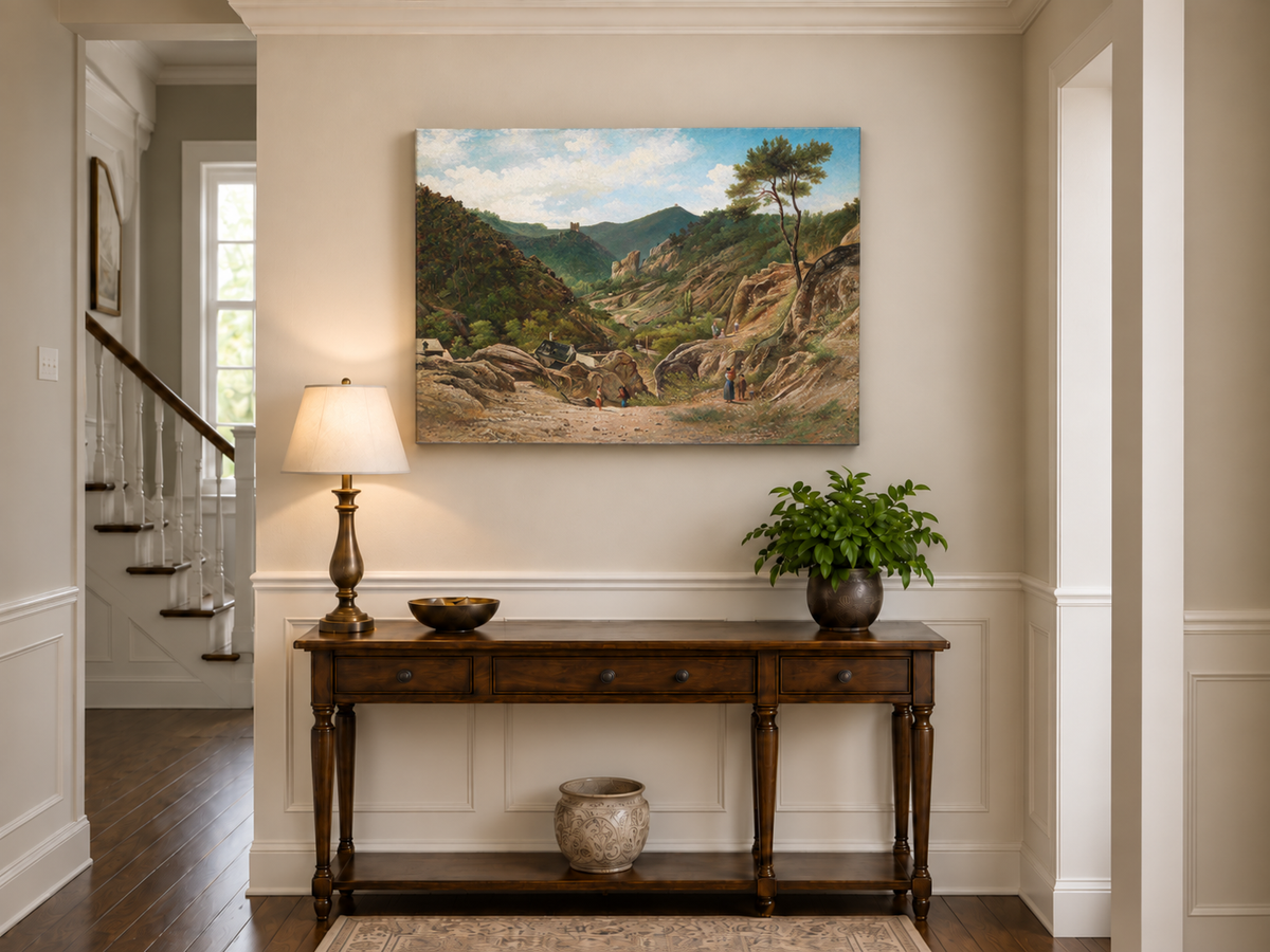 Landscape Oil Painting - Mountain Valley, Rocks, Cottages