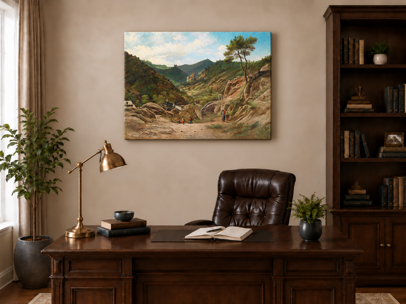 Landscape Oil Painting - Mountain Valley, Rocks, Cottages