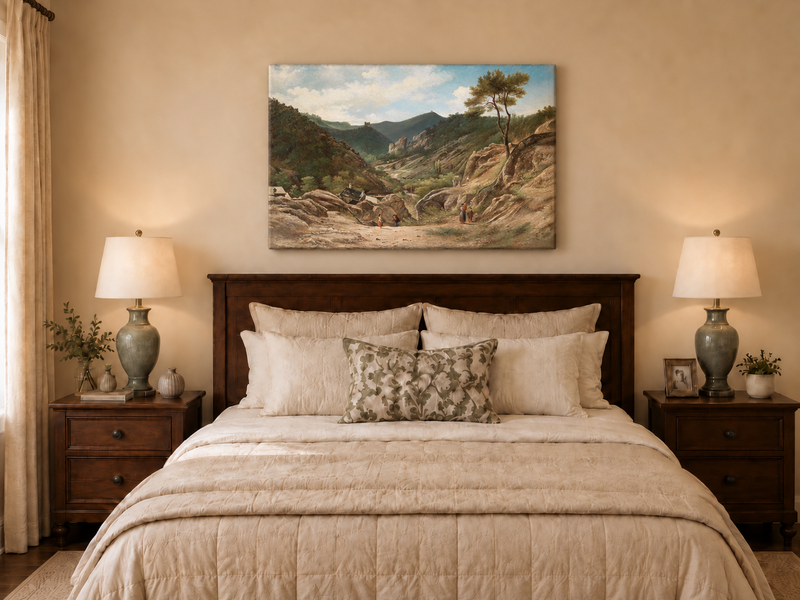 Landscape Oil Painting - Mountain Valley, Rocks, Cottages
