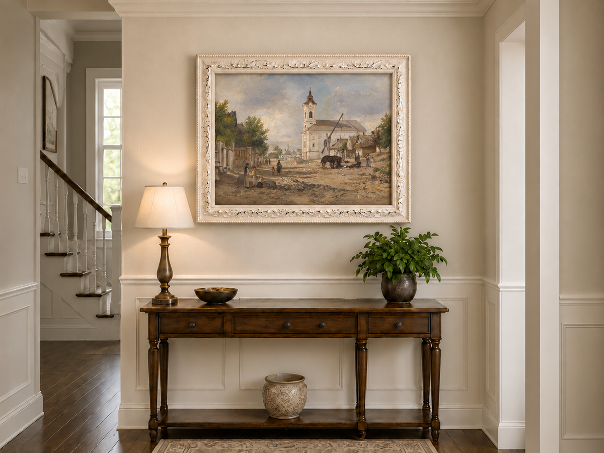 Landscape Oil Painting - Rural Village Square