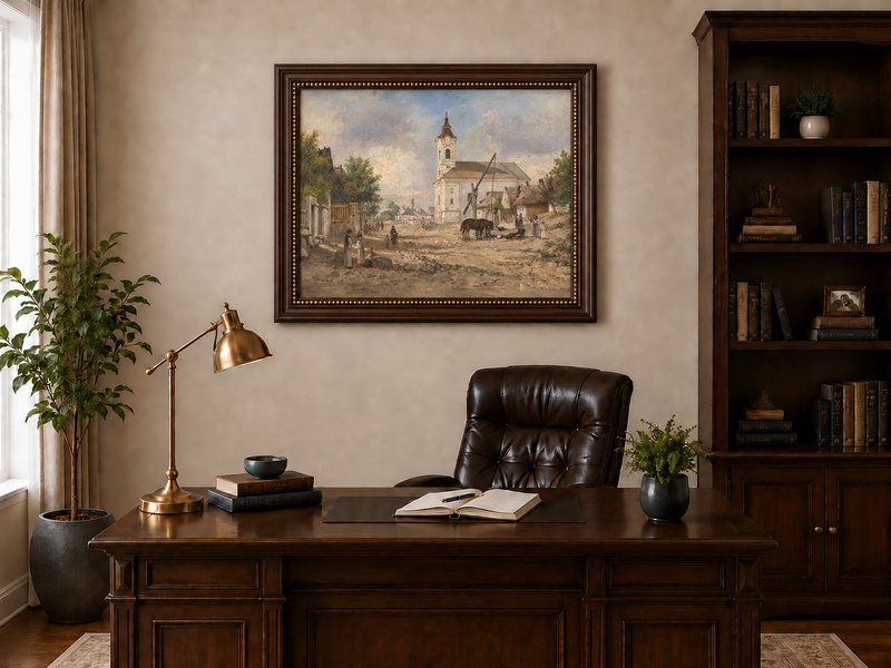 Landscape Oil Painting - Rural Village Square