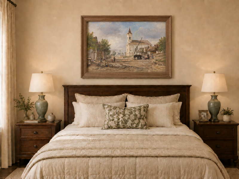 Landscape Oil Painting - Rural Village Square