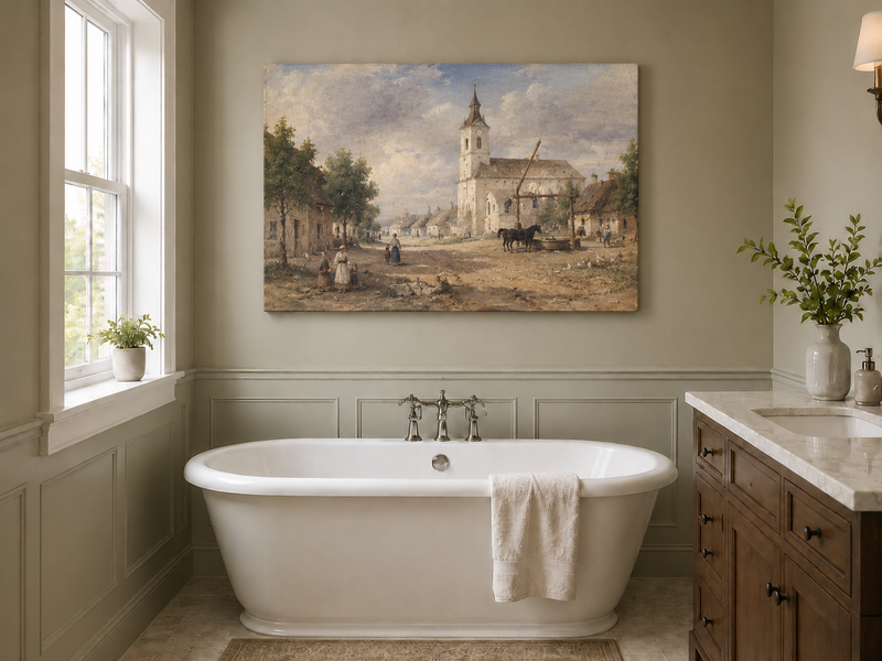 Landscape Oil Painting - Rural Village Square