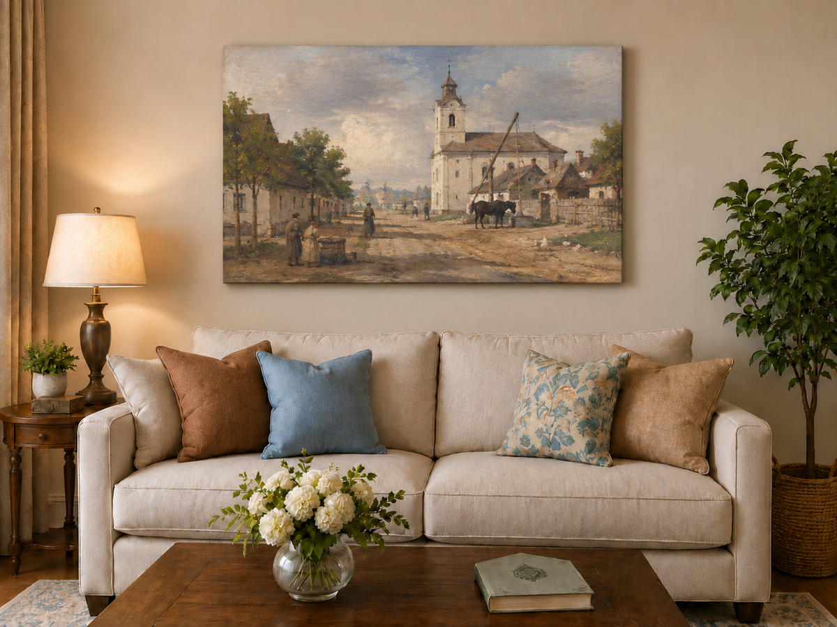 Landscape Oil Painting - Rural Village Square