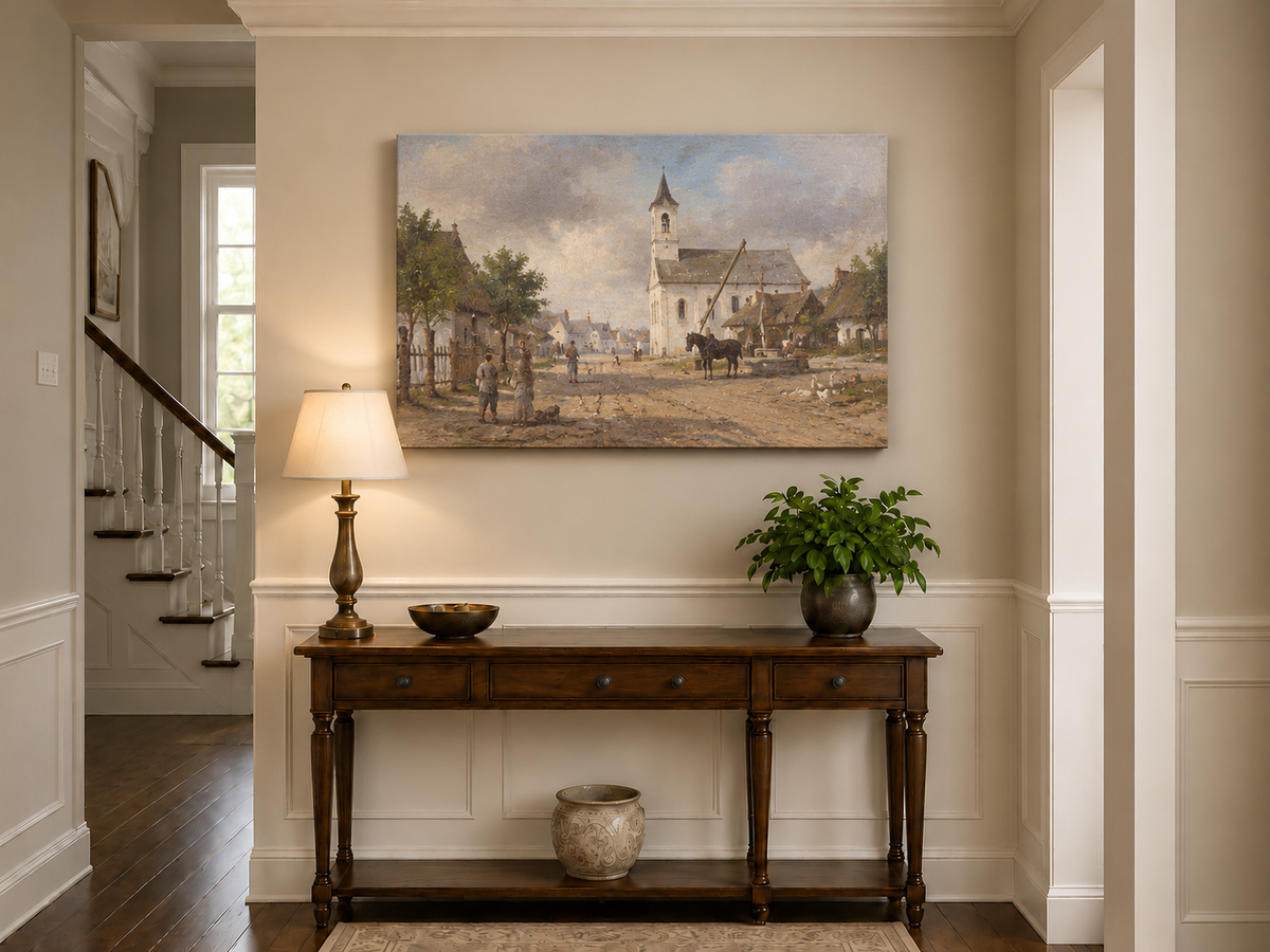 Landscape Oil Painting - Rural Village Square