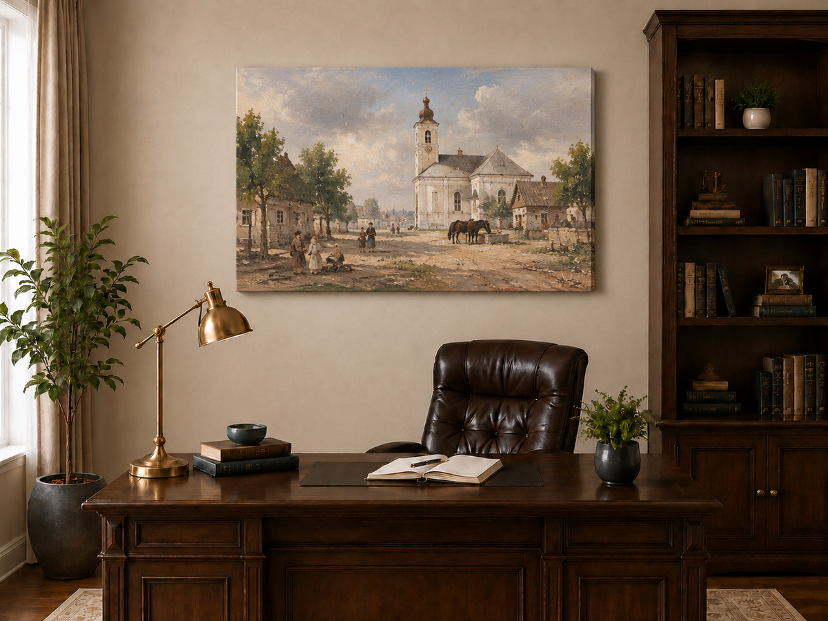 Landscape Oil Painting - Rural Village Square