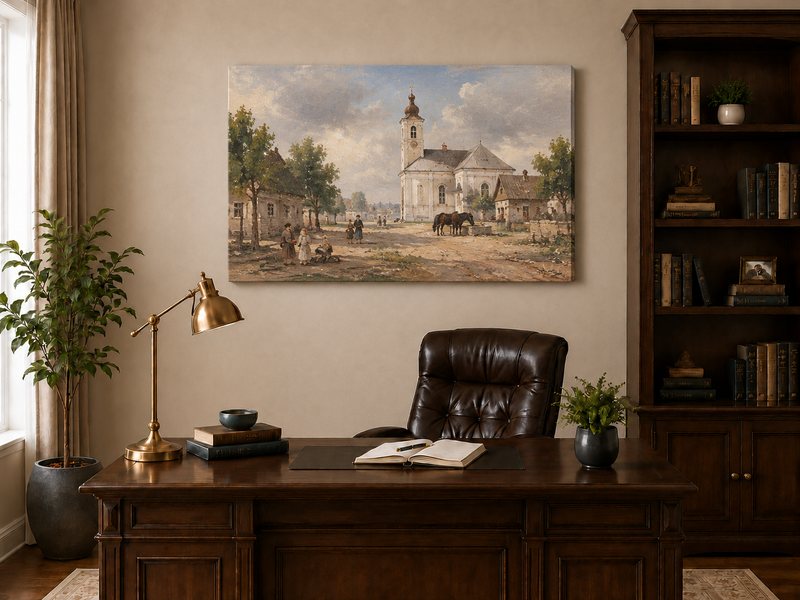 Landscape Oil Painting - Rural Village Square