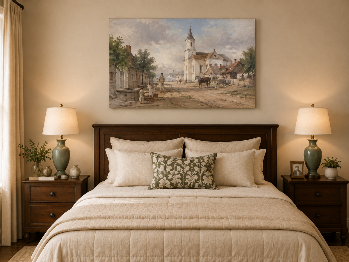 Landscape Oil Painting - Rural Village Square