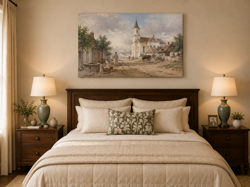 Landscape Oil Painting - Rural Village Square