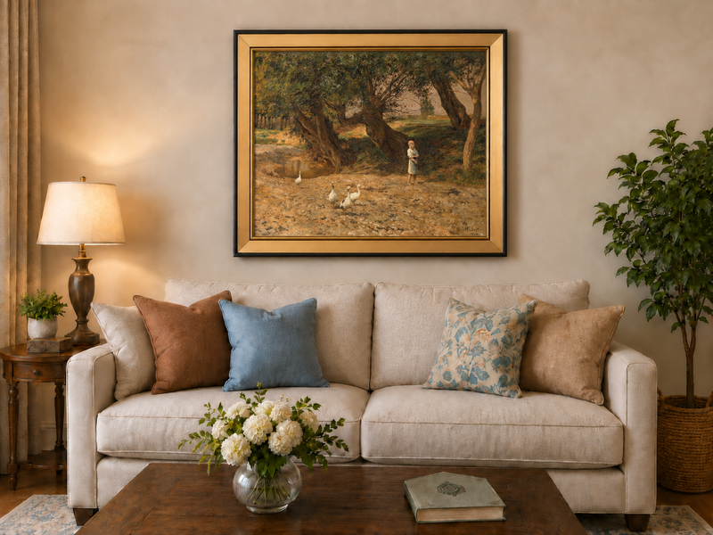 Landscape Oil Painting - Rural Girl & Geese