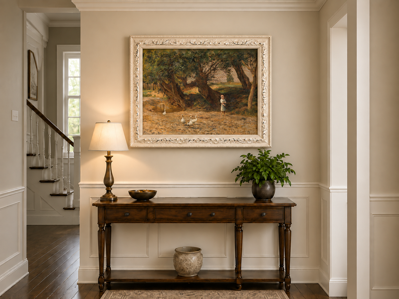 Landscape Oil Painting - Rural Girl & Geese