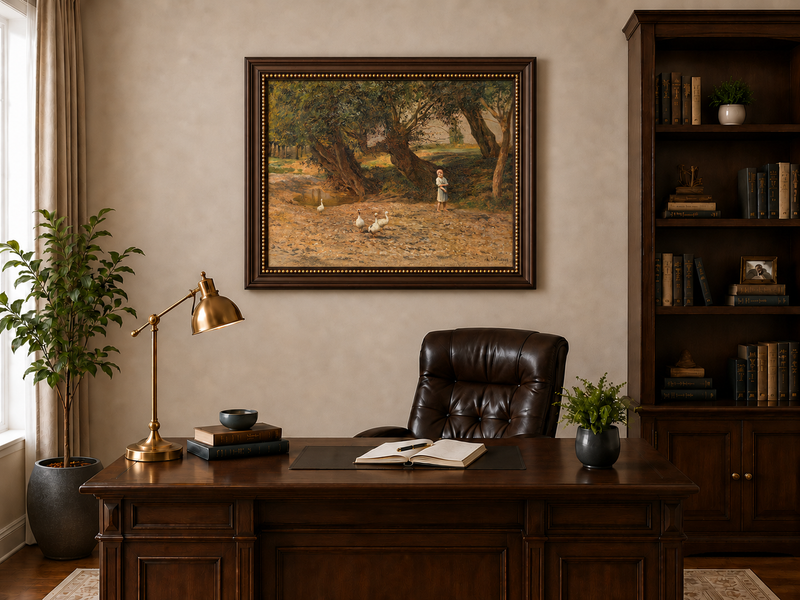 Landscape Oil Painting - Rural Girl & Geese