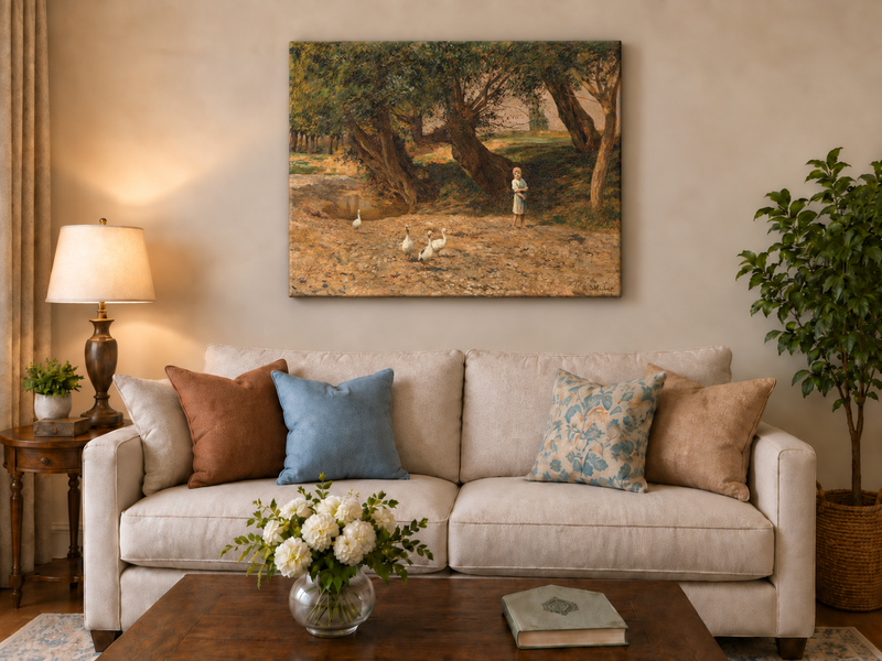 Landscape Oil Painting - Rural Girl & Geese