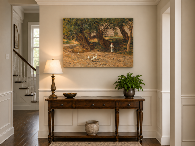 Landscape Oil Painting - Rural Girl & Geese