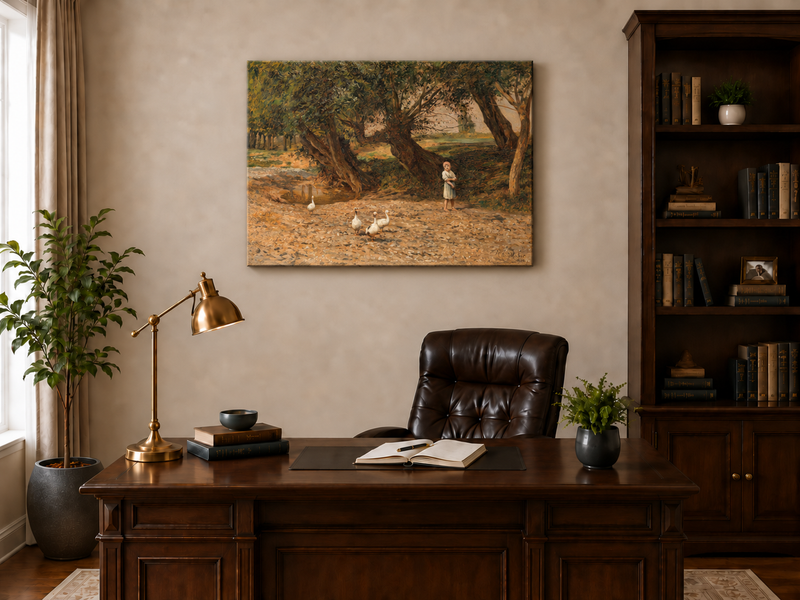 Landscape Oil Painting - Rural Girl & Geese