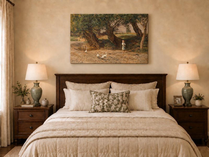 Landscape Oil Painting - Rural Girl & Geese