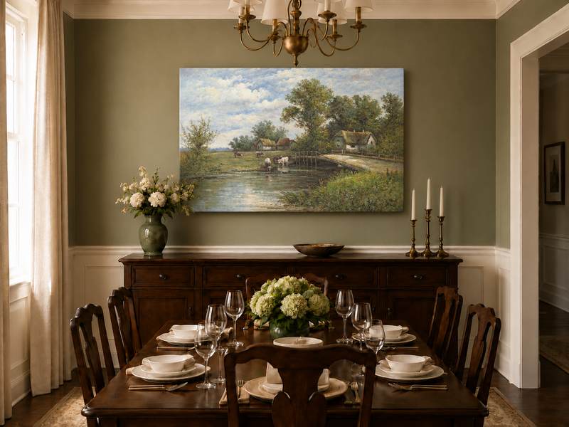 Landscape Oil Painting - Rural River Cows, Thatch Cottages