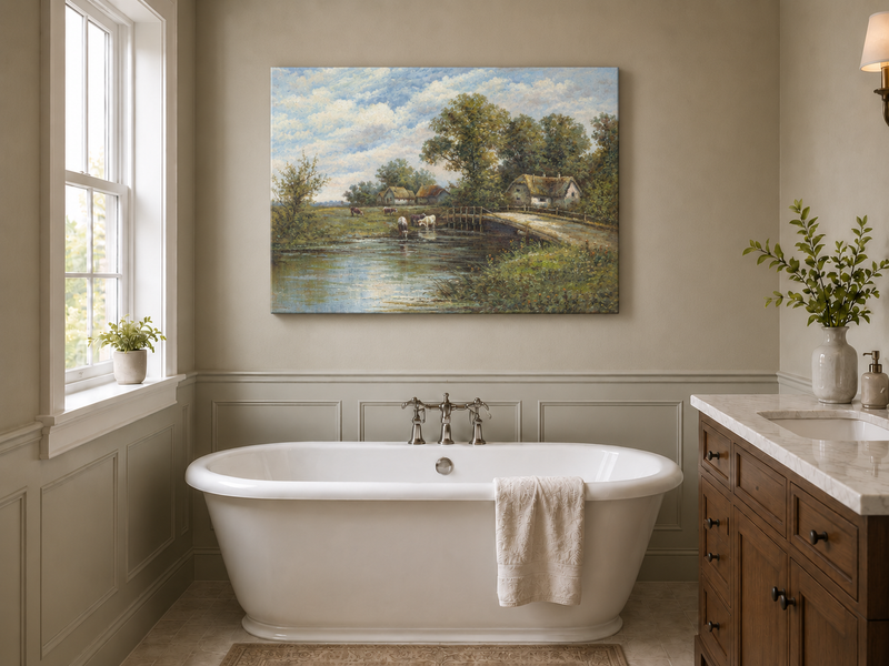Landscape Oil Painting - Rural River Cows, Thatch Cottages