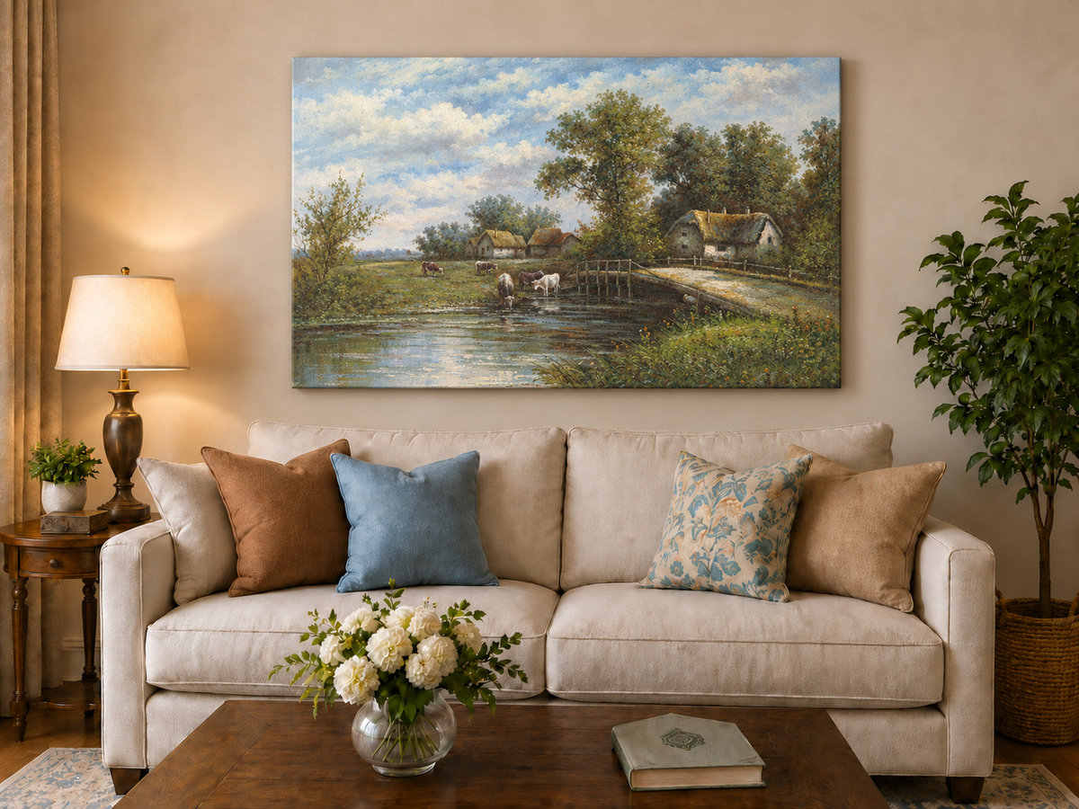 Landscape Oil Painting - Rural River Cows, Thatch Cottages