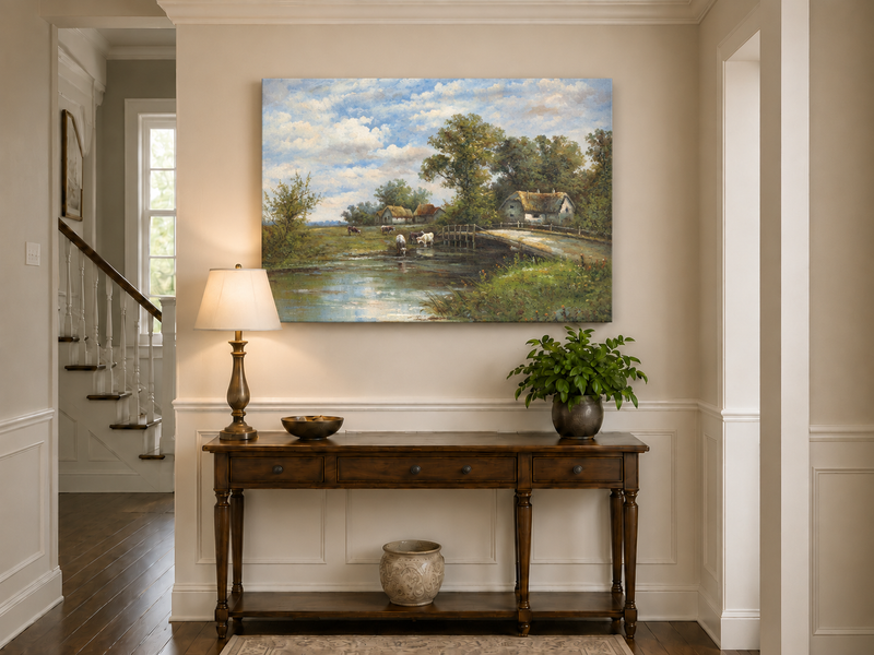 Landscape Oil Painting - Rural River Cows, Thatch Cottages