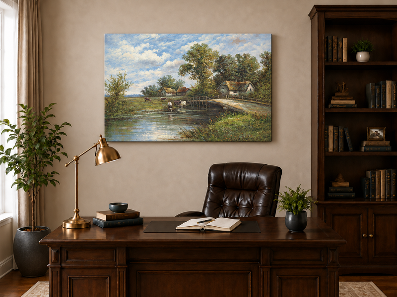 Landscape Oil Painting - Rural River Cows, Thatch Cottages