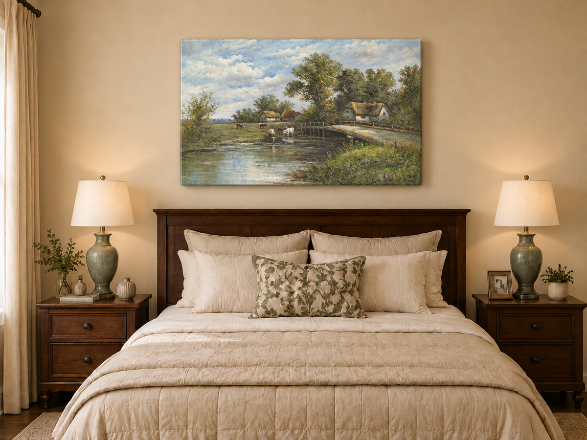 Landscape Oil Painting - Rural River Cows, Thatch Cottages