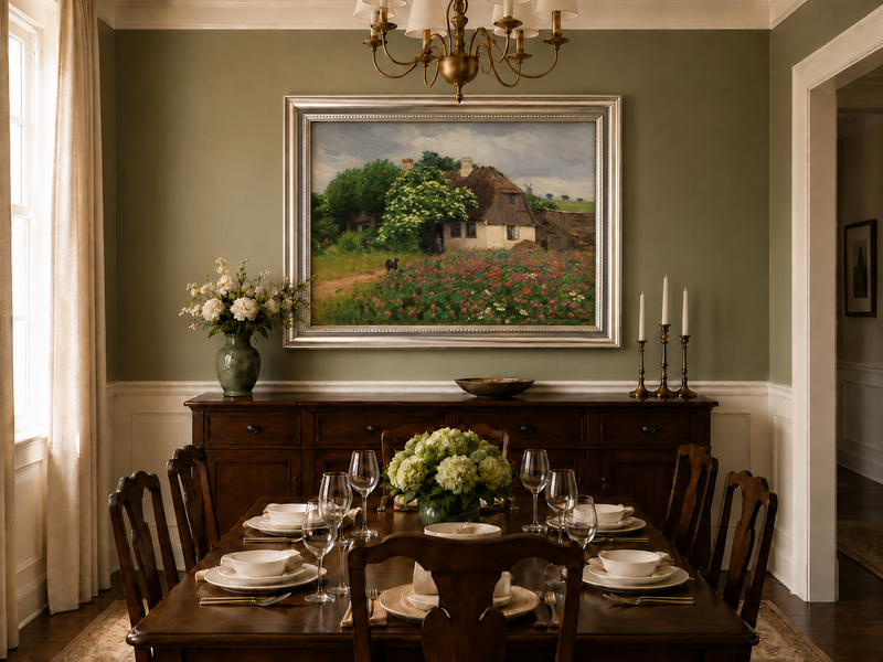 Landscape Oil Painting - Rural Thatch Cottage Flower Garden