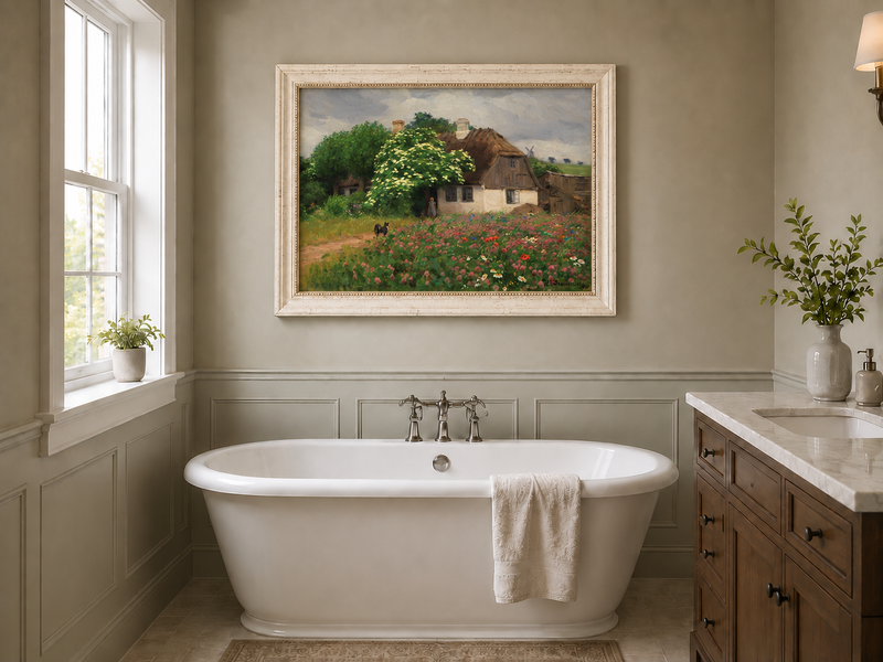 Landscape Oil Painting - Rural Thatch Cottage Flower Garden