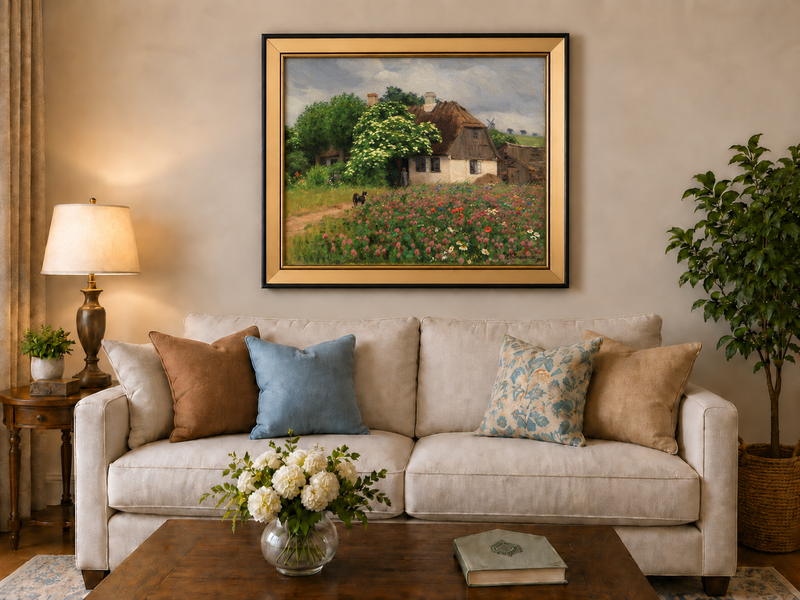 Landscape Oil Painting - Rural Thatch Cottage Flower Garden