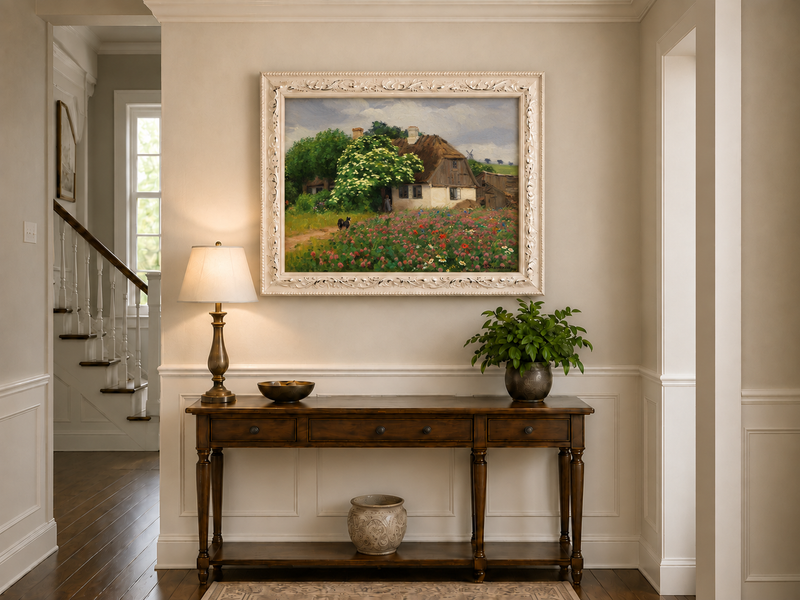 Landscape Oil Painting - Rural Thatch Cottage Flower Garden