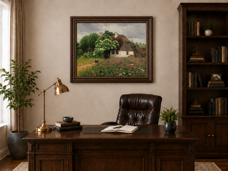Landscape Oil Painting - Rural Thatch Cottage Flower Garden