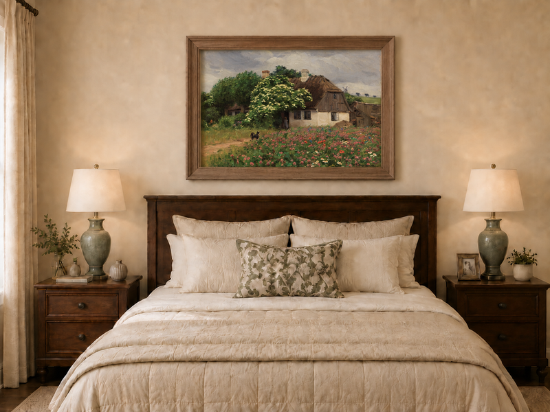Landscape Oil Painting - Rural Thatch Cottage Flower Garden