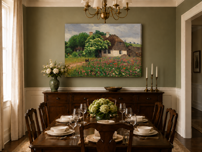 Landscape Oil Painting - Rural Thatch Cottage Flower Garden