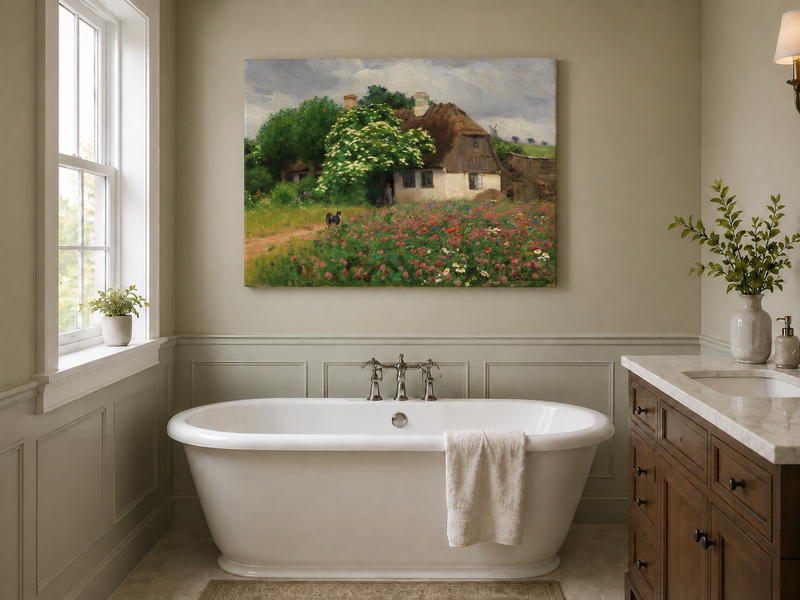 Landscape Oil Painting - Rural Thatch Cottage Flower Garden