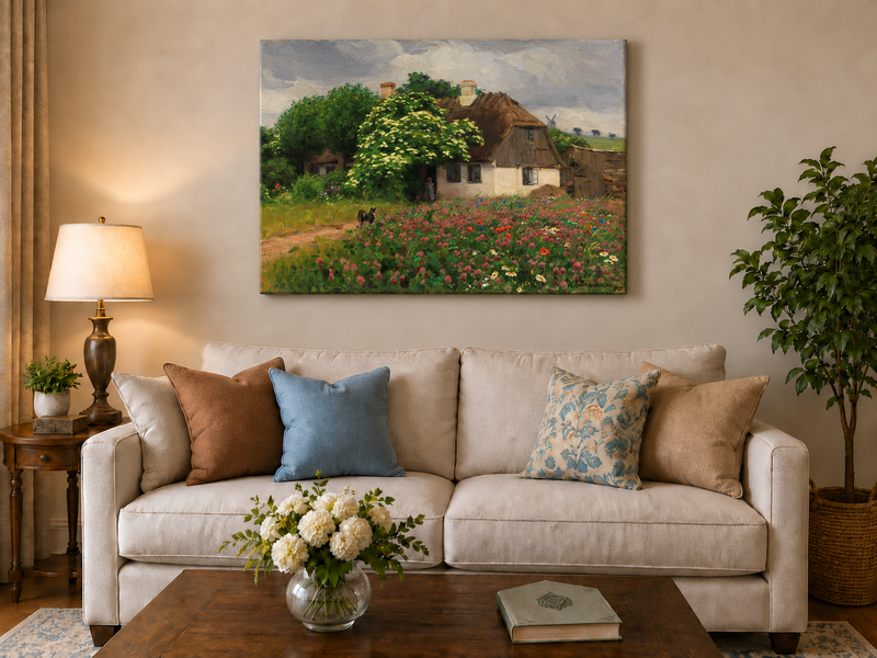 Landscape Oil Painting - Rural Thatch Cottage Flower Garden