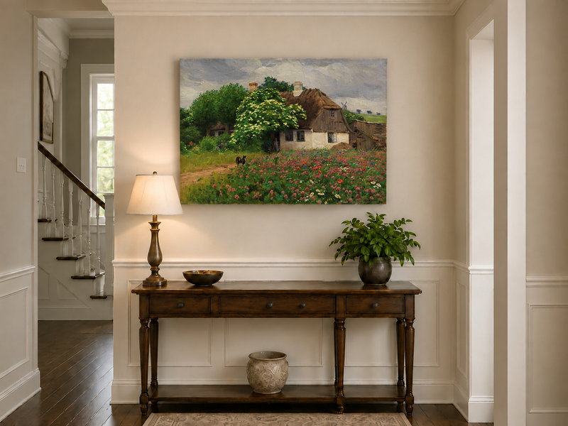 Landscape Oil Painting - Rural Thatch Cottage Flower Garden