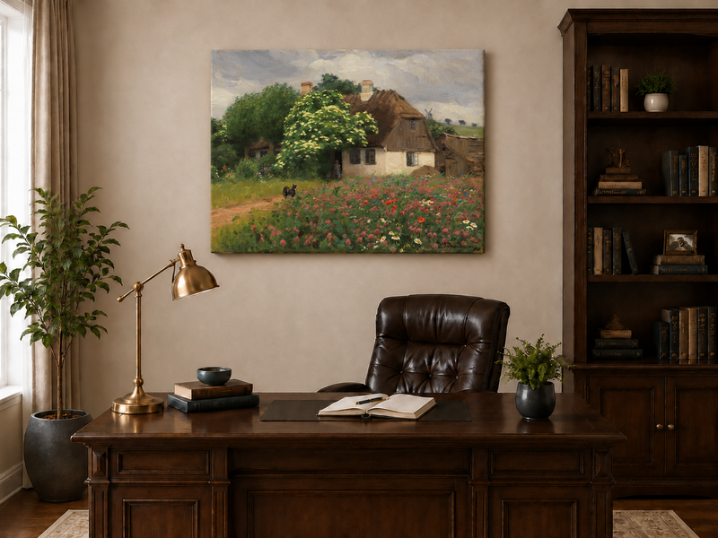Landscape Oil Painting - Rural Thatch Cottage Flower Garden