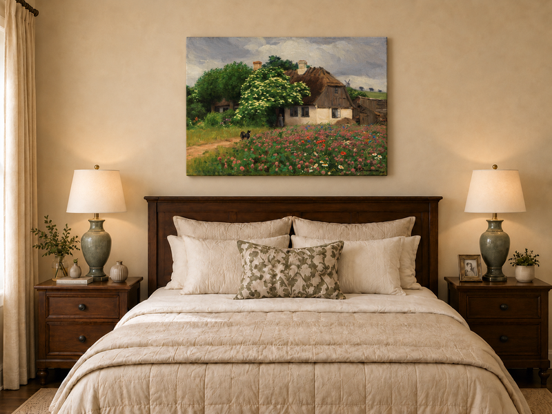 Landscape Oil Painting - Rural Thatch Cottage Flower Garden