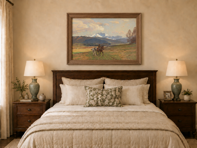 Ölgemälde Landschaft - Prärie & schneebedeckter Berg