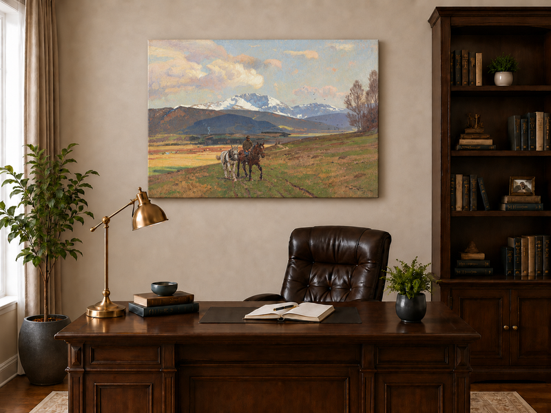 Ölgemälde Landschaft - Prärie & schneebedeckter Berg