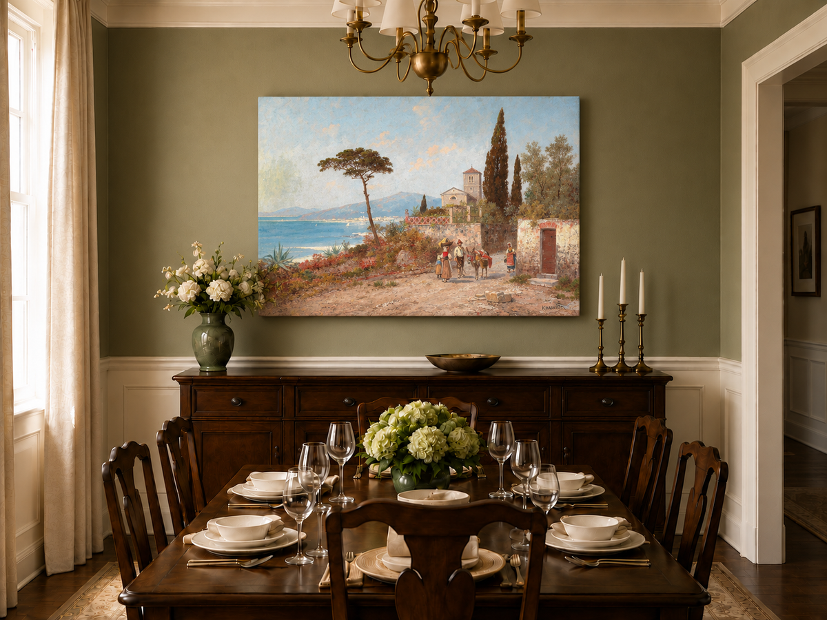 Landscape Oil Painting - Mediterranean Coastal Village, Cypresses