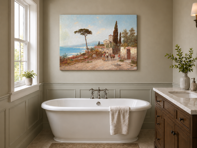 Landscape Oil Painting - Mediterranean Coastal Village, Cypresses