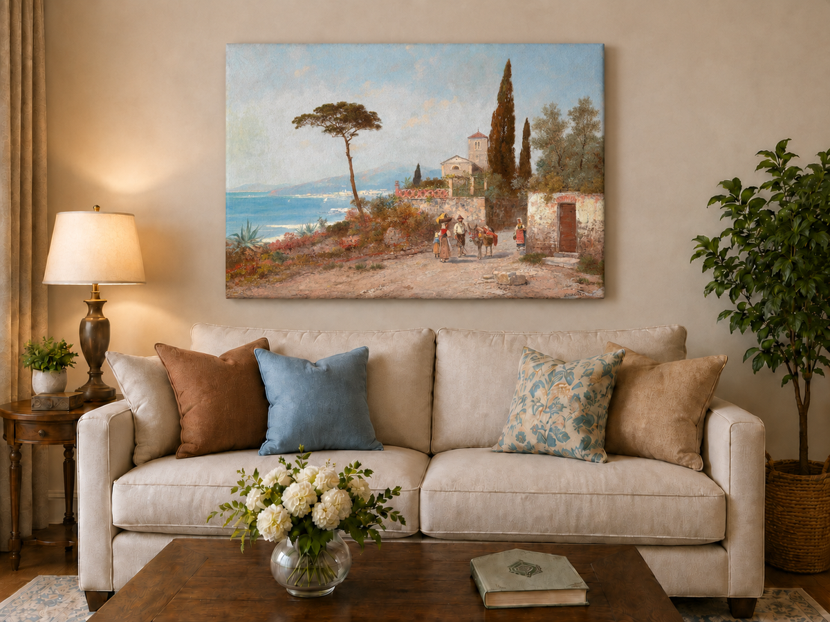 Landscape Oil Painting - Mediterranean Coastal Village, Cypresses